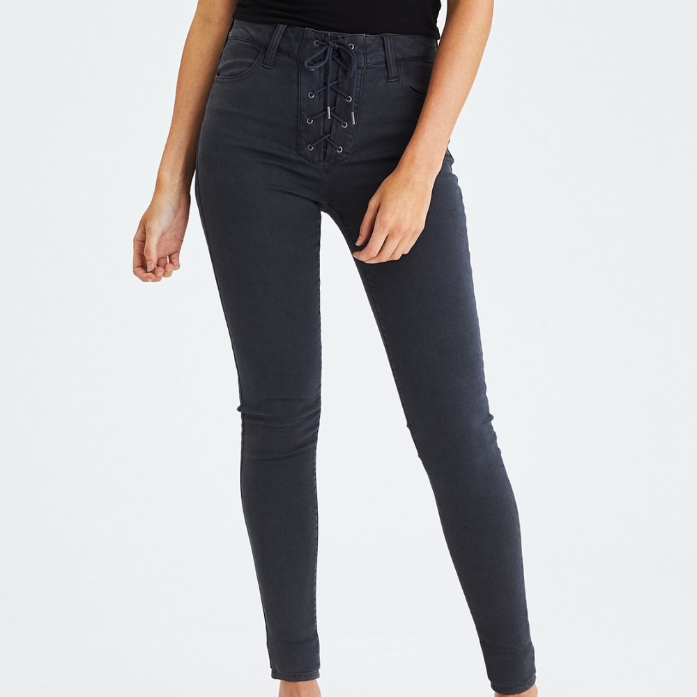 AE Black Lace Up High Rise Skinny Jeans Sz 4 Short
